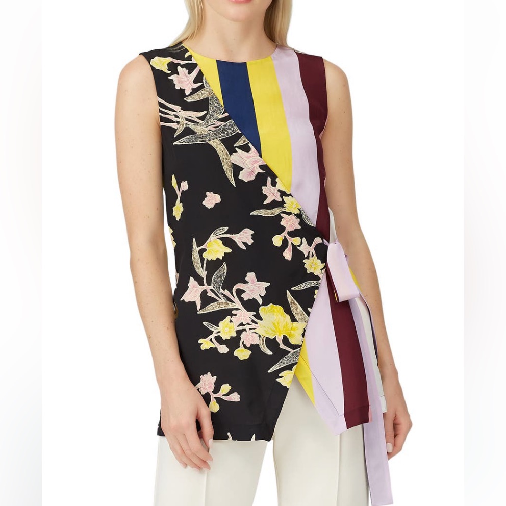 Diane Von Furstenberg Sedona Silk Top, Multi Print, Faux-Wrap Style, Size Medium